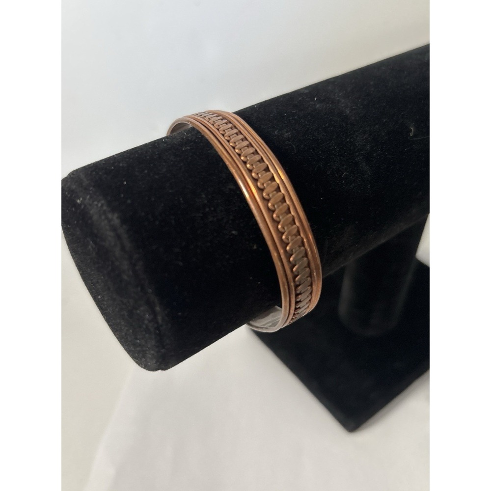 Vintage Copper Cuff Bracelet Etched Link Pattern Adjustable Unisex Boho